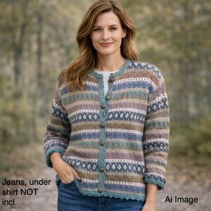 Vintage IVY Women L Hand Embroidered Knit Cardigan Sweater Boho Folk Cottagecore